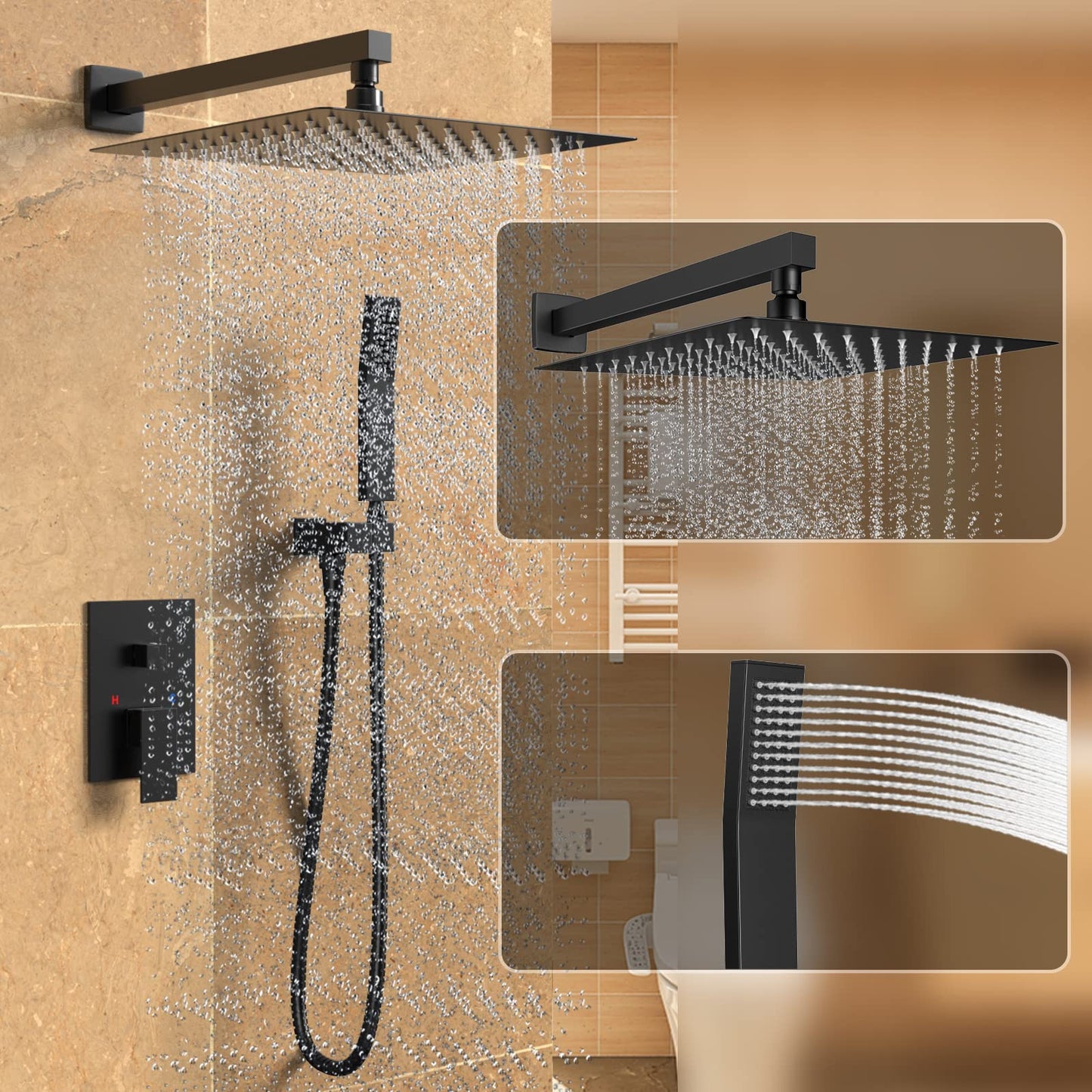 Rain Shower System 10 Inches Shower Head with Handheld Combo Set for Bathroom,High Pressure Rainfall Shower Faucet Set Wall Mounted,Rough-in Valve and Trim Kit(Brushed Gold)