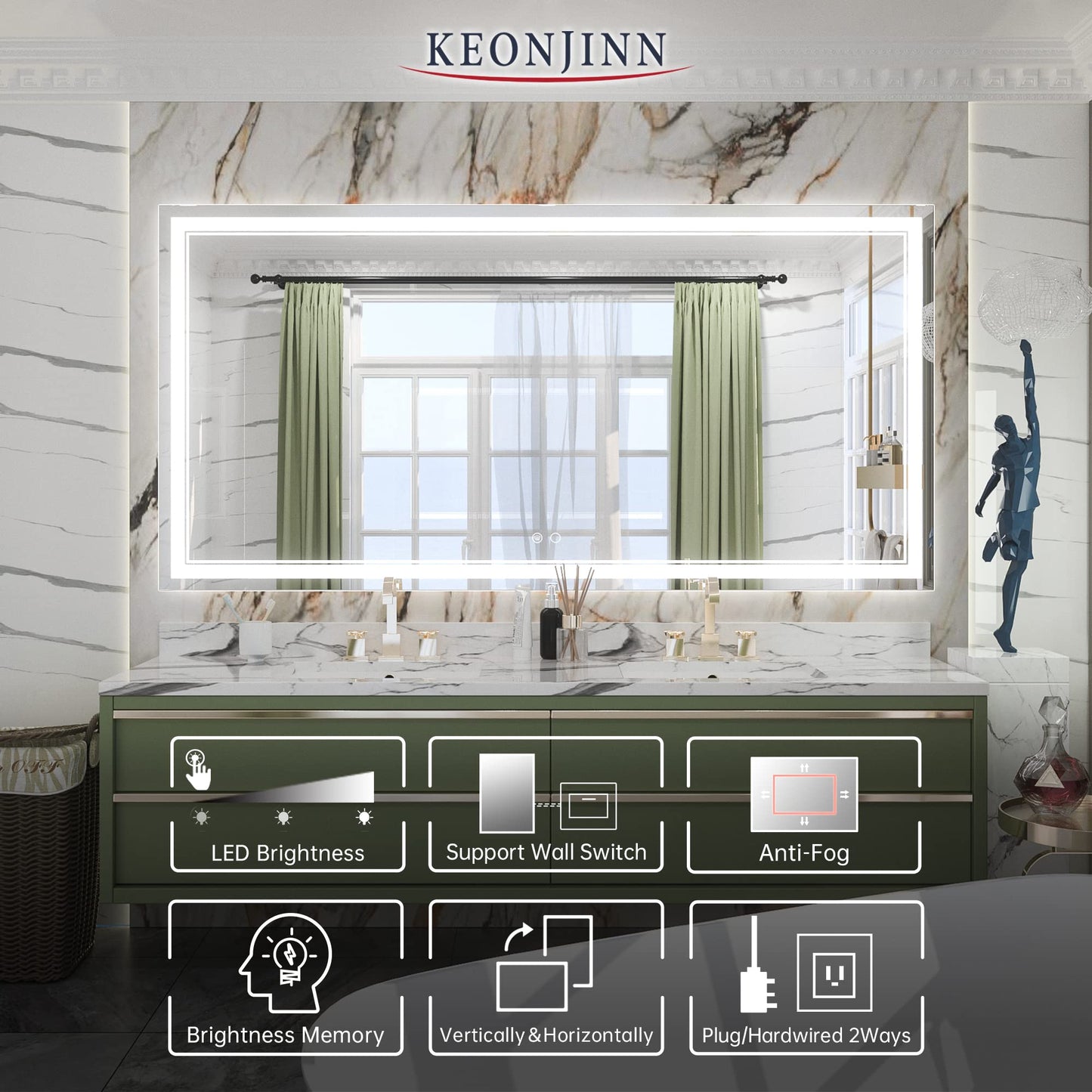 Keonjinn LED Bathroom Mirror 55 x 30 Inch Large Bathroom Mirror with Front Lights Lighted Vanity Mirror Wall Mounted Makeup Mirror Anti-Fog Dimmable Tempered Glass (Horizontal/Vertical)