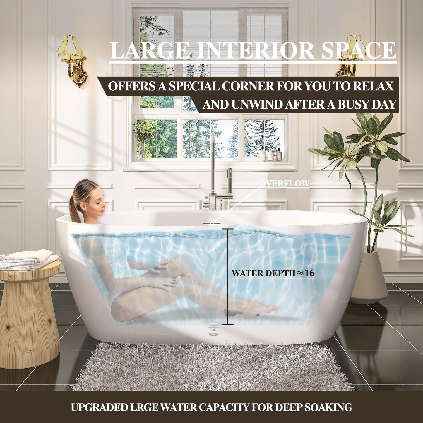 59 in. High-back Free Standing Tub, Contemporary Soaking Tub, Bathroom Stand Alone Freestanding Bathtub Overflow and Drain (Glossy White)