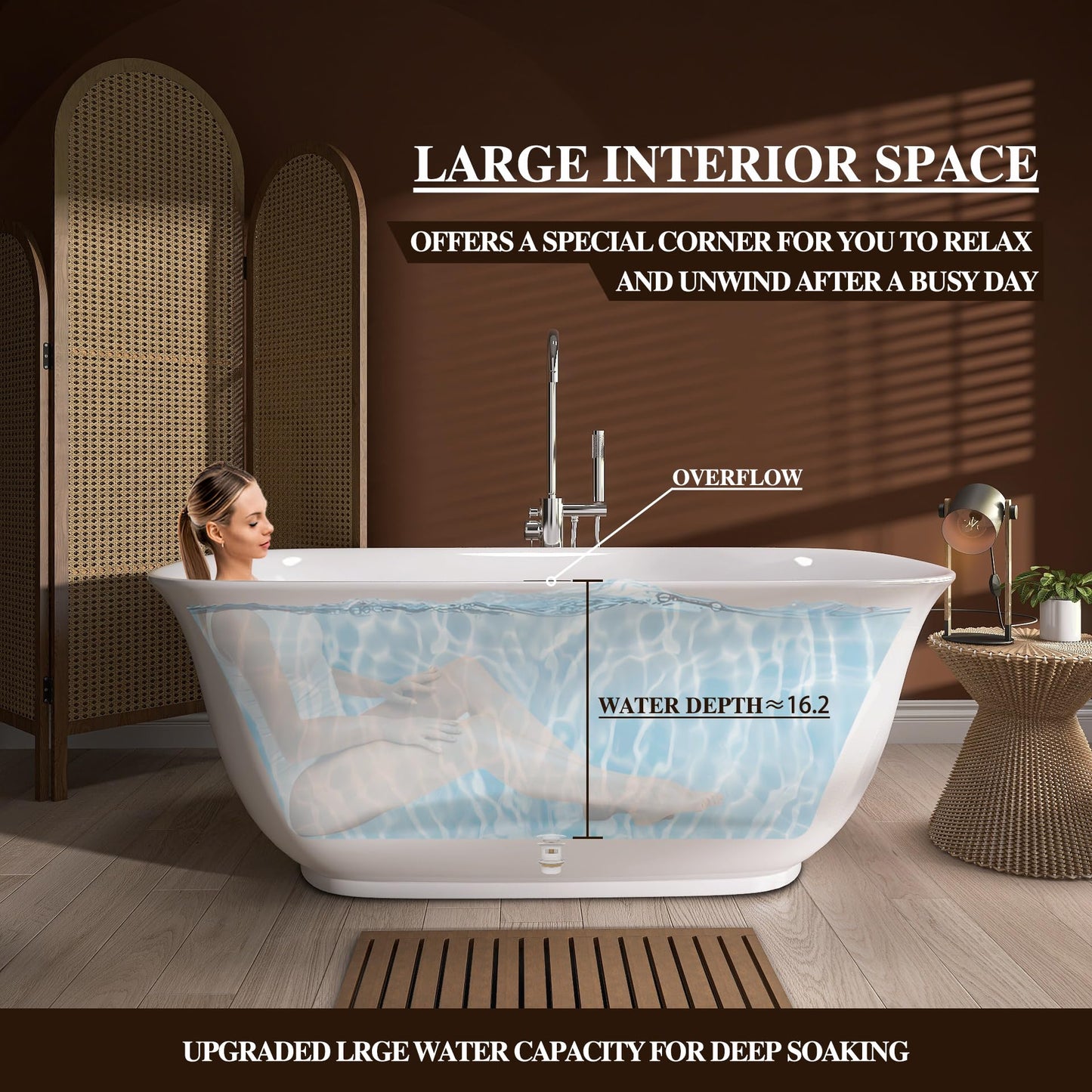 59 in. High-back Free Standing Tub, Contemporary Soaking Tub, Bathroom Stand Alone Freestanding Bathtub Overflow and Drain (Glossy White)