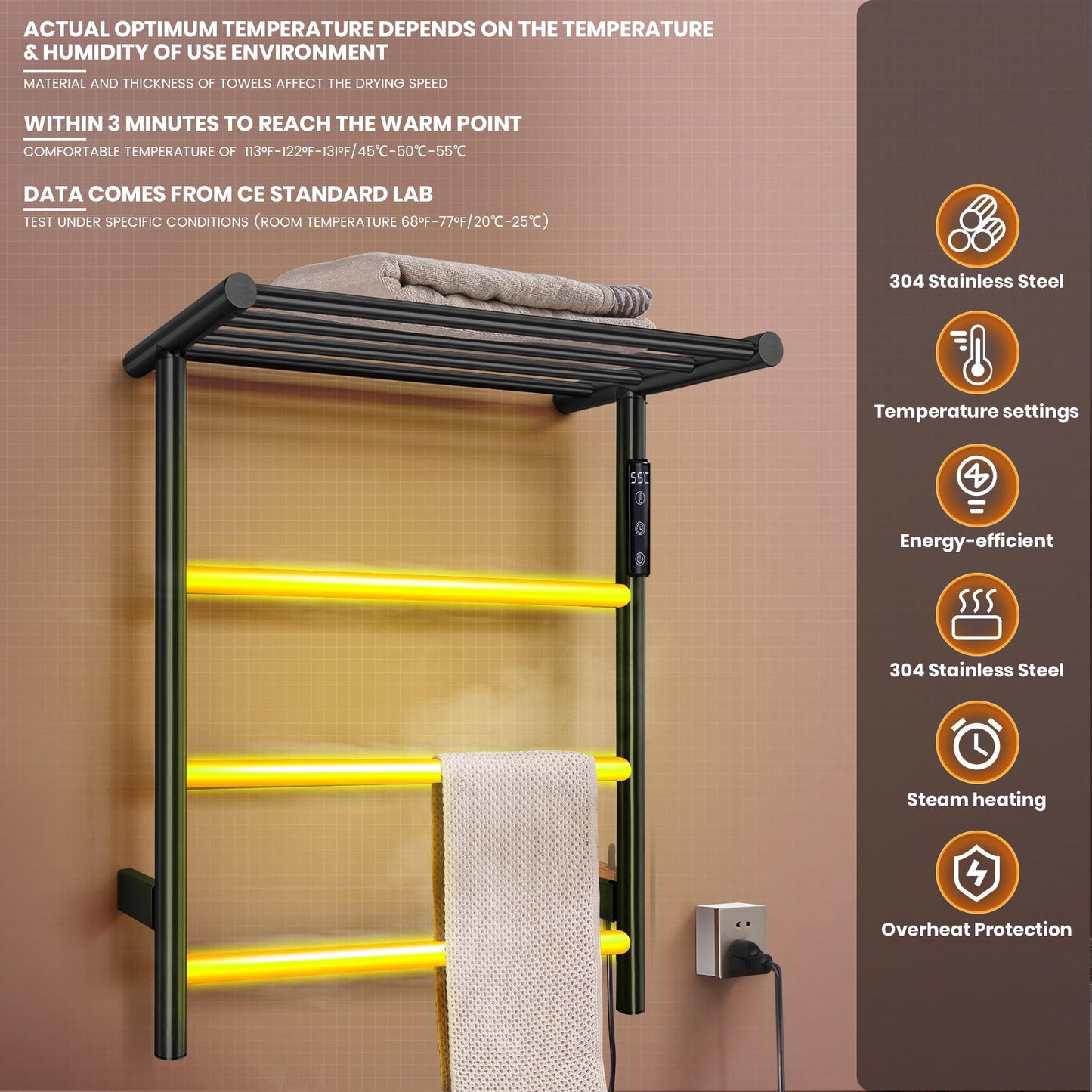Towel Warmer Wall Mounted with 3 Electric Stainless Steel Heated Bars, Hot Towel Rack for Bathroom, Plug-in BathTowel Heater with Built-in Timer, Brushed Gold