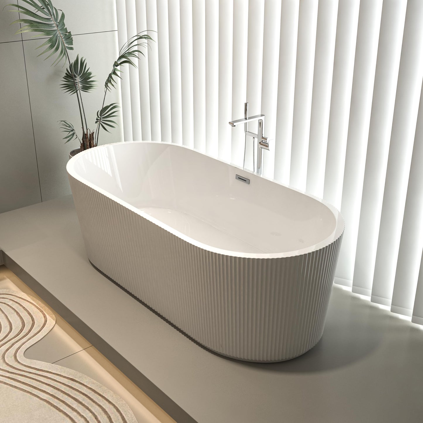 LOVMOR 67" Acrylic Freestanding Soaking Bathtub Soaking Bath Tub with Brushed Nickel Overflow and Pop Up Drain for Bathroom, Double Slipper Tub, Whit