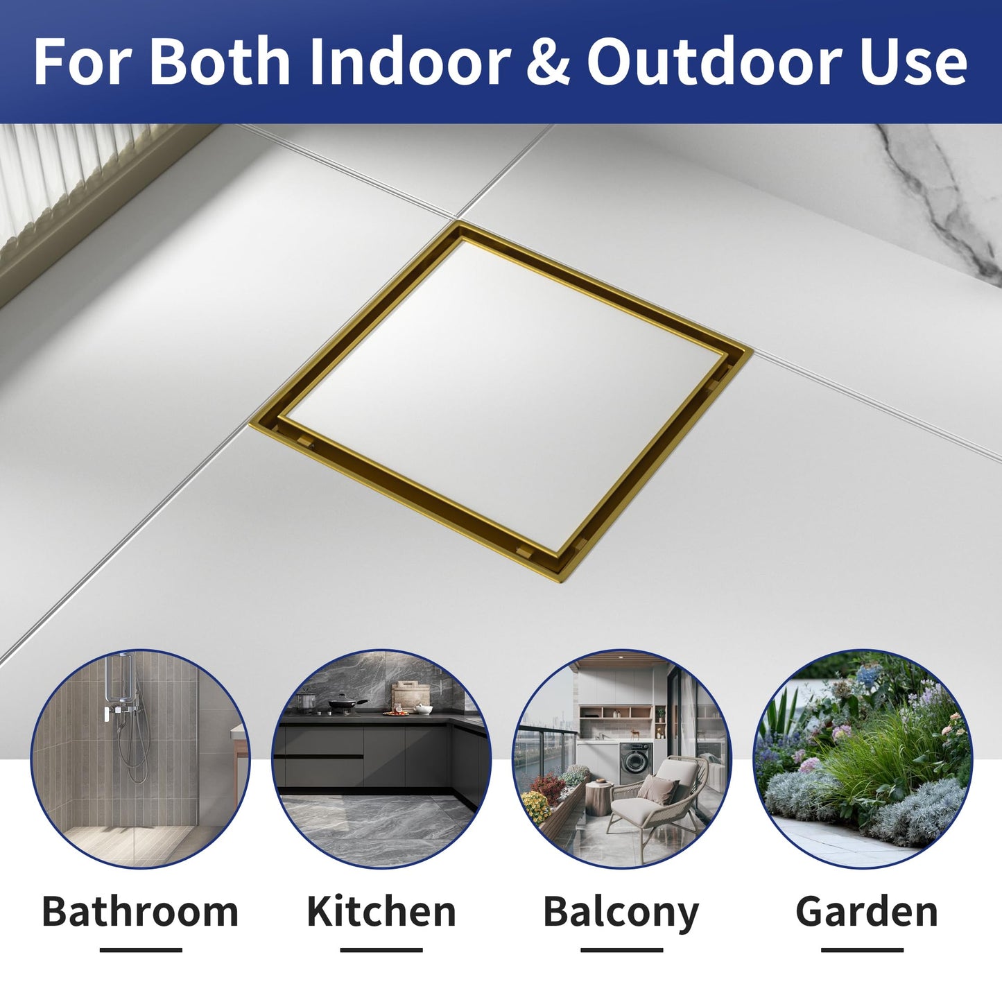 Square Shower Drain 6", Brushed Gold Floor Drain with Tiled Insert Grate & Hair Strainer, 304 Stainless Steel Bathroom 2-in-1 Tiled in Drain, CUPC Certified (Brushed Gold, 6'')