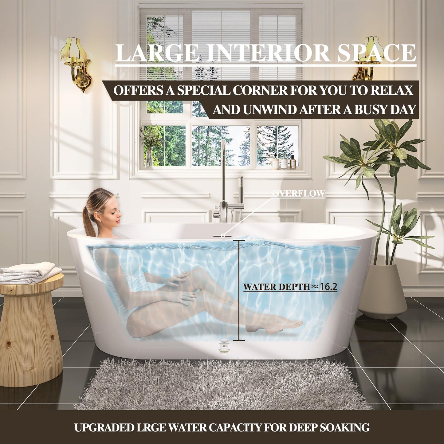 59 in. High-back Free Standing Tub, Contemporary Soaking Tub, Bathroom Stand Alone Freestanding Bathtub Overflow and Drain (Glossy White)
