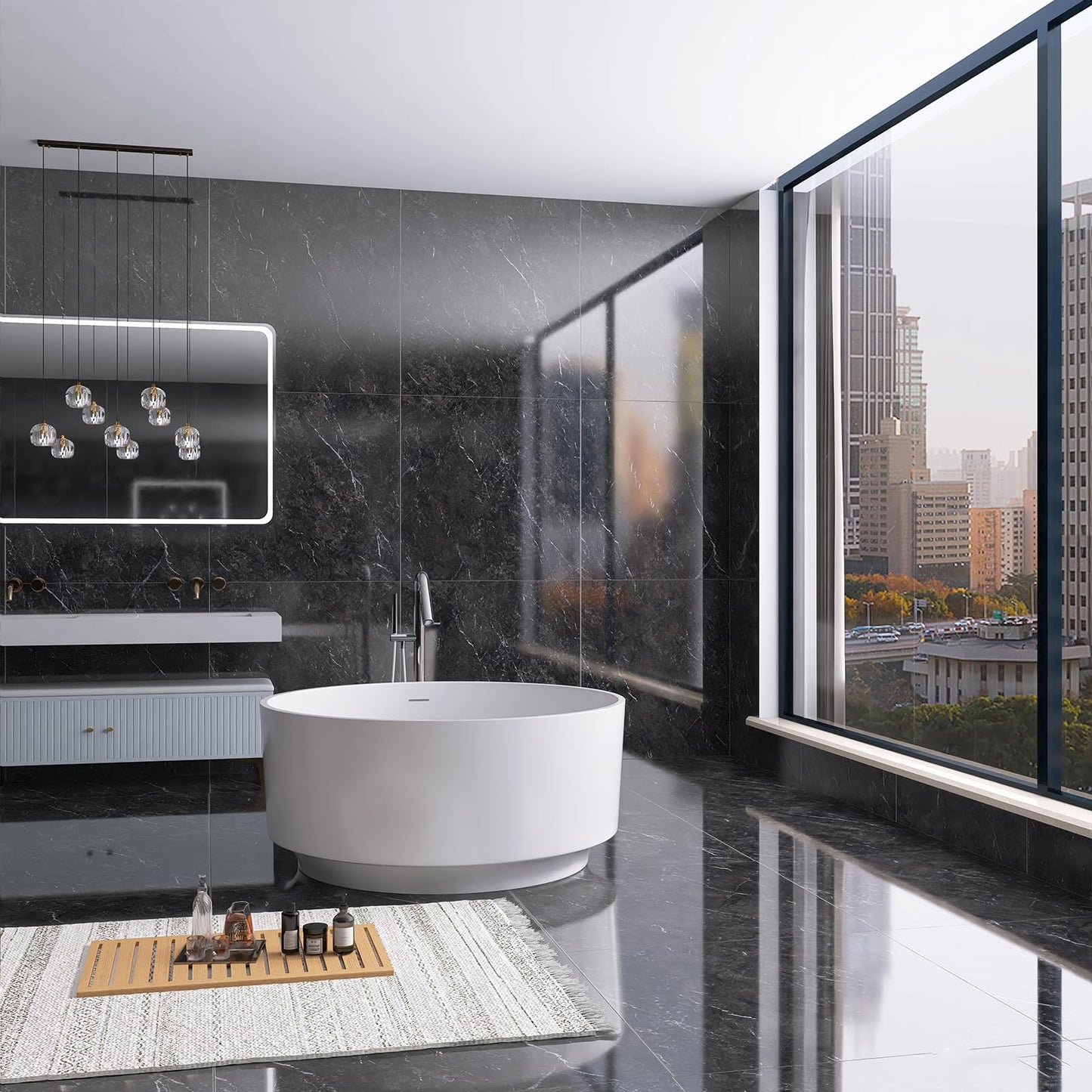 51'' Japanese Soaking Tub Freestanding Bathtub Resin Stone Bathtubs Deep soaking Tub with Overflow and Pop-up Drain - White