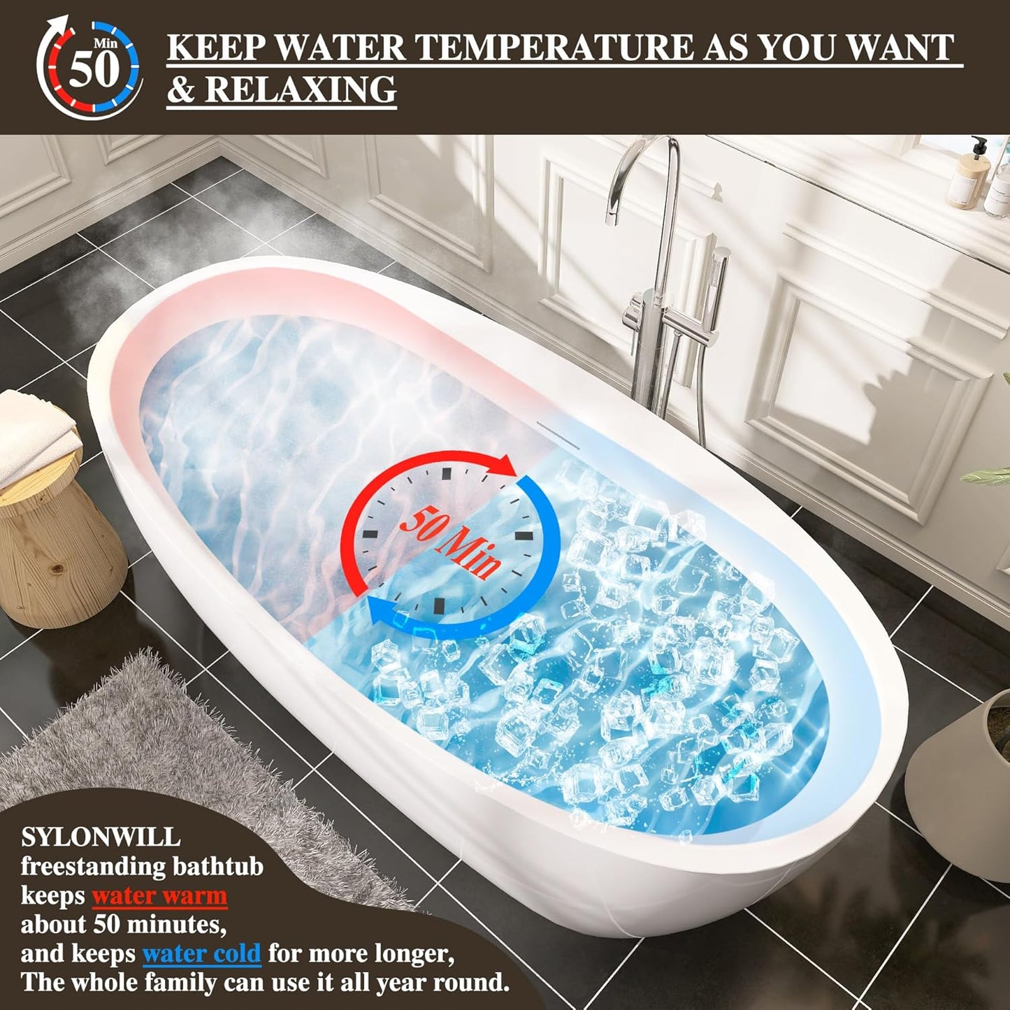 59 in. High-back Free Standing Tub, Contemporary Soaking Tub, Bathroom Stand Alone Freestanding Bathtub Overflow and Drain (Glossy White)