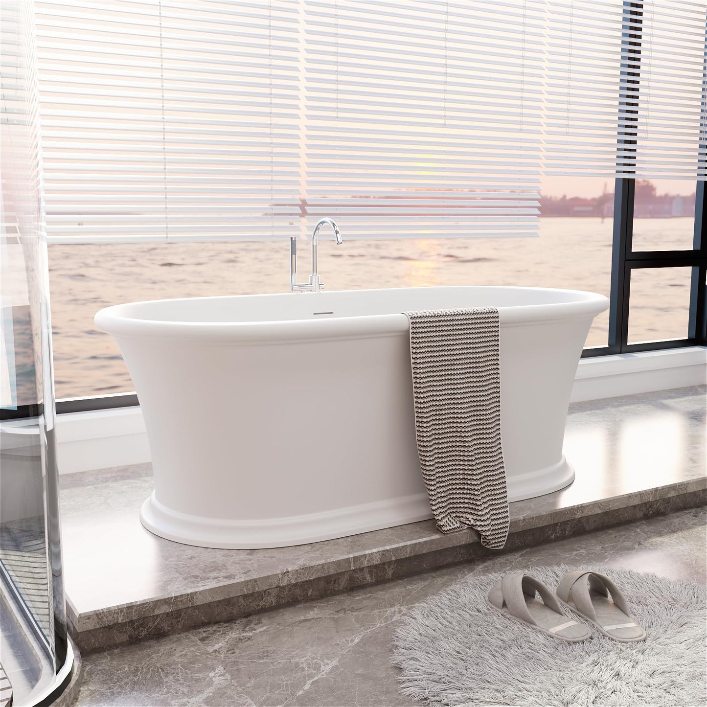Freestanding Solid Surface Resin Stone Bathtub, Contemporary Design Stand Alone Tub with Pop-up Drain and Overflow, cUPC Certified (PO1041)