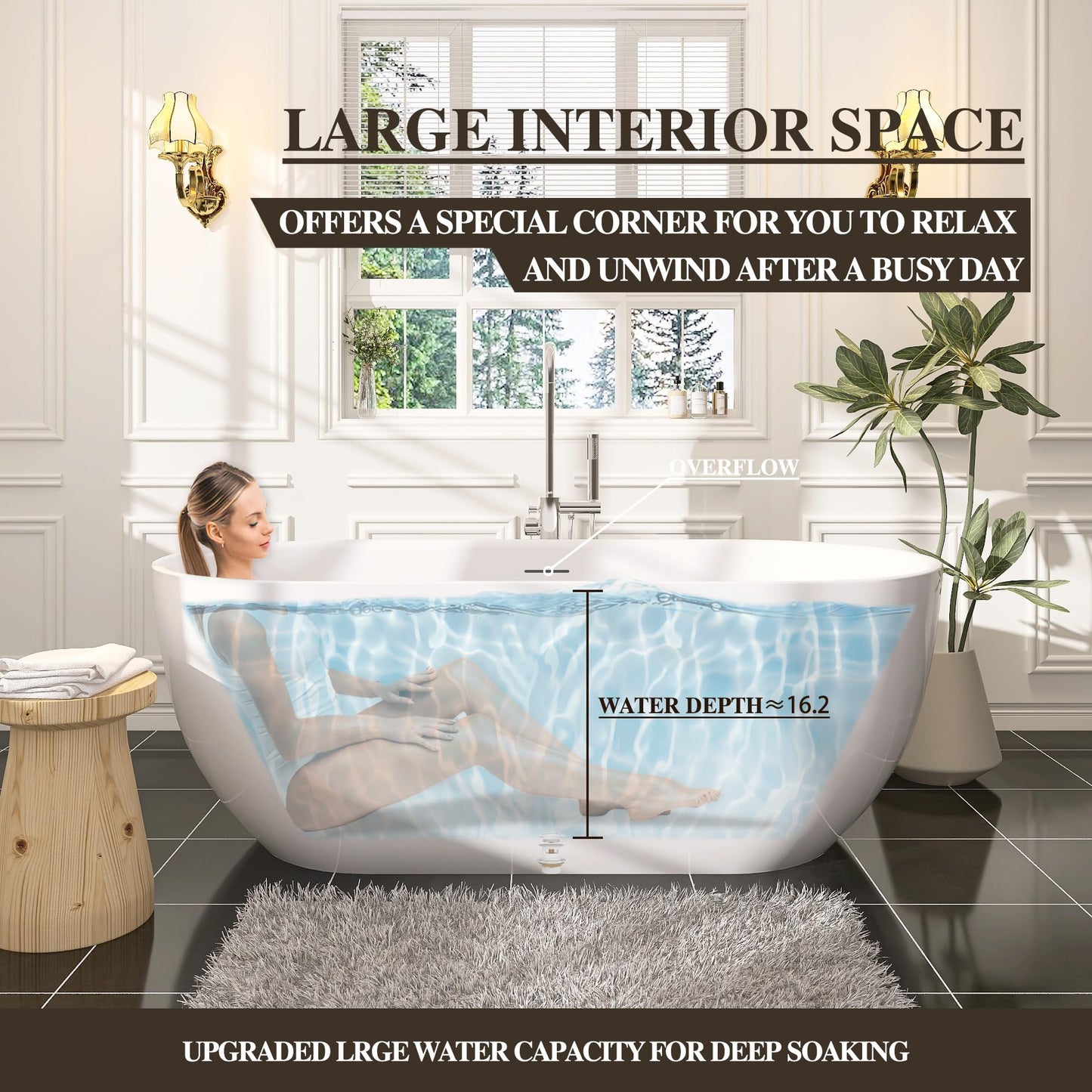 59 in. High-back Free Standing Tub, Contemporary Soaking Tub, Bathroom Stand Alone Freestanding Bathtub Overflow and Drain (Glossy White)