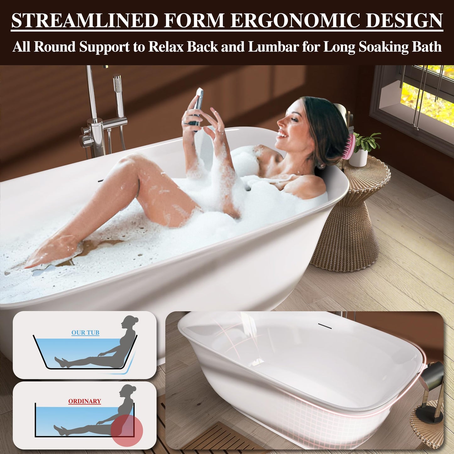 59 in. High-back Free Standing Tub, Contemporary Soaking Tub, Bathroom Stand Alone Freestanding Bathtub Overflow and Drain (Glossy White)