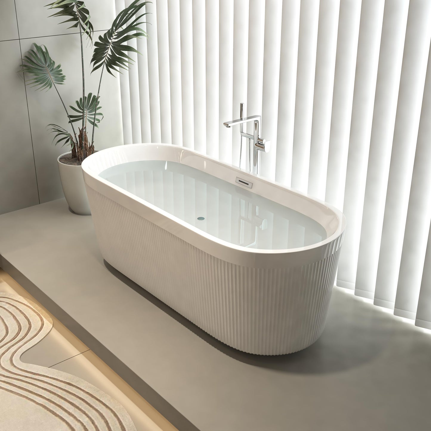 LOVMOR 67" Acrylic Freestanding Soaking Bathtub Soaking Bath Tub with Brushed Nickel Overflow and Pop Up Drain for Bathroom, Double Slipper Tub, Whit