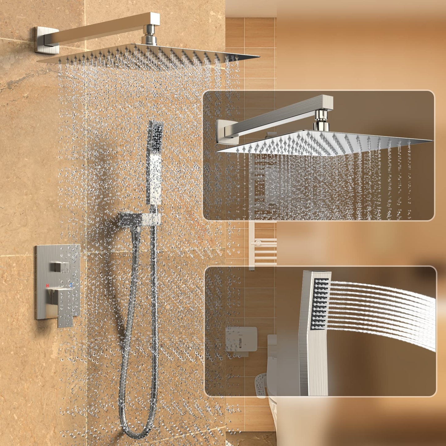 Rain Shower System 10 Inches Shower Head with Handheld Combo Set for Bathroom,High Pressure Rainfall Shower Faucet Set Wall Mounted,Rough-in Valve and Trim Kit(Brushed Gold)