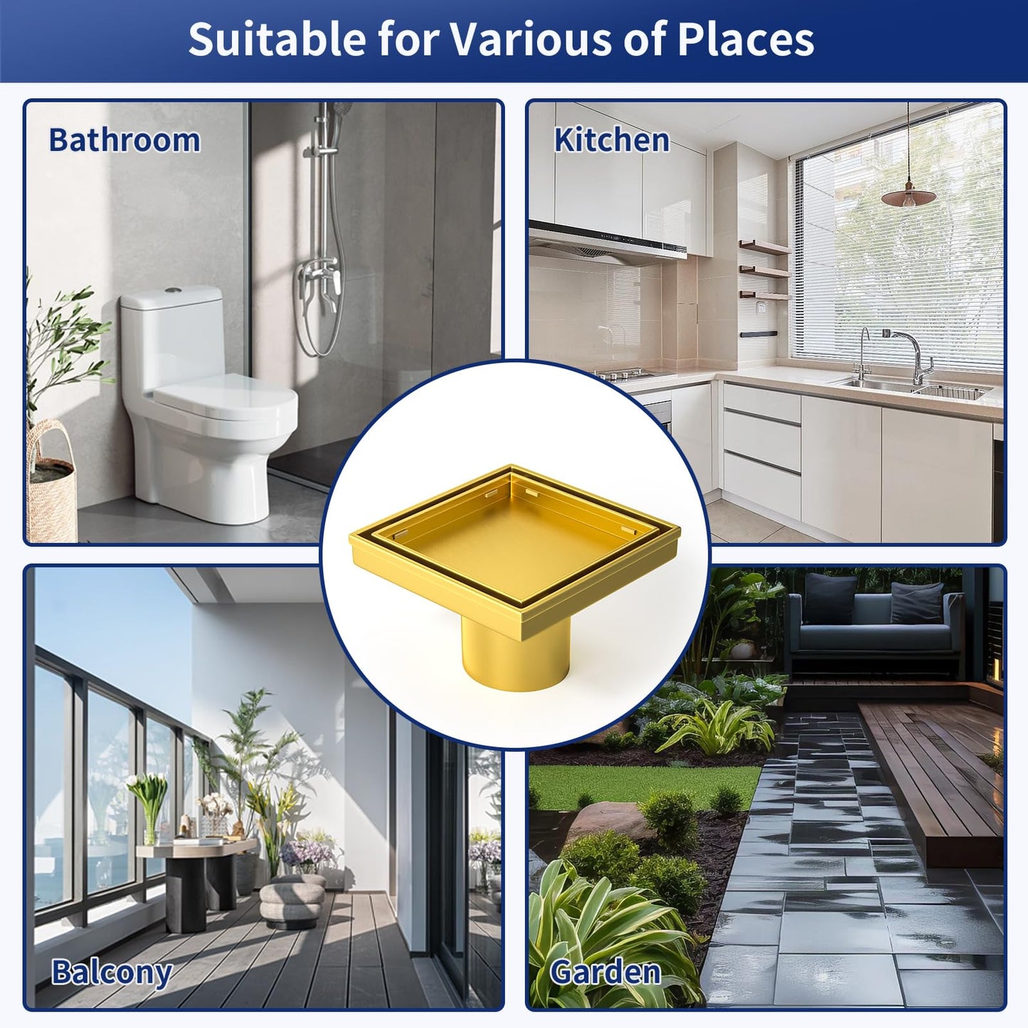Square Shower Drain 6", Brushed Gold Floor Drain with Tiled Insert Grate & Hair Strainer, 304 Stainless Steel Bathroom 2-in-1 Tiled in Drain, CUPC Certified (Brushed Gold, 6'')