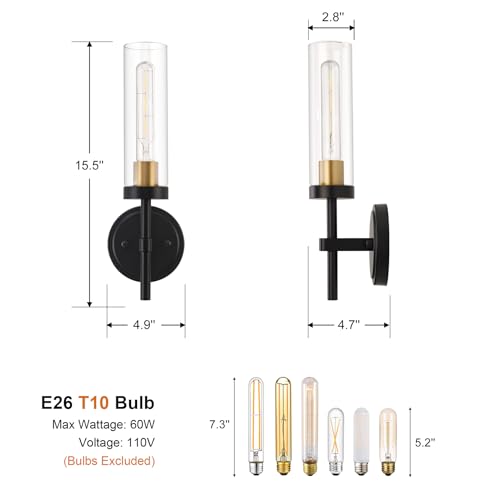 Gold Wall Sconces Set of 2, Modern Bathroom Sconces Wall Lighting Vanity Light Fixtures with Clear Glass, Brushed Brass Wall Mount Lights for Living Room Corridor Mirror Bedroom Stairs