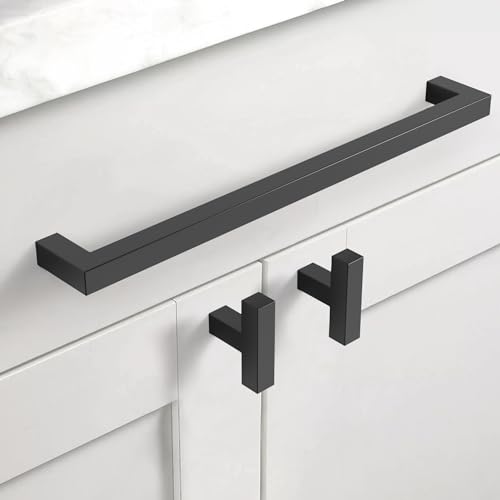 10 Pack 5''(128mm) Matte Black Cabinet Pulls Kitchen Stainless Steel Cabinet Handles Square Cabinet Hardware for Cupboard Drawer Pulls
