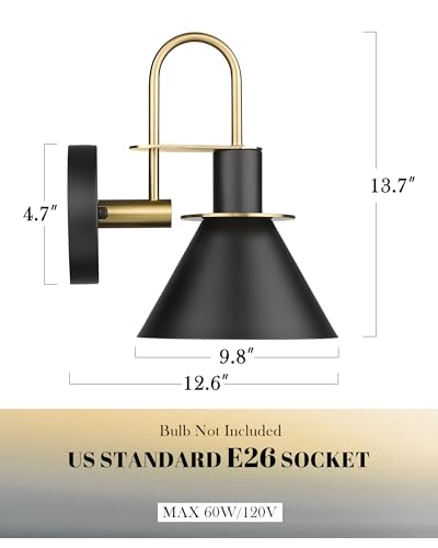 Modern Wall Sconces Set of Two, HWH Industrial Sconce Wall Lighting Indoor Wall Lamp, Gooseneck 1-Light Barn Vanity Light, Hammered Metal Shade, Black and Gold Finish, 5HZG74B-2 BK+BG