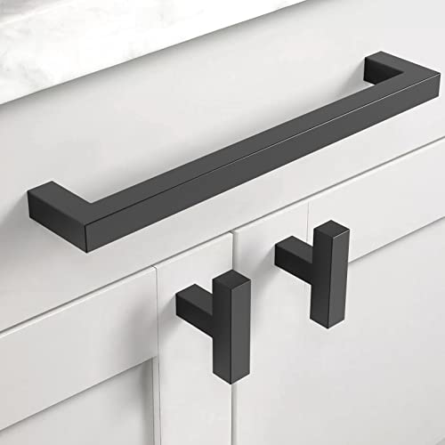 10 Pack 5''(128mm) Matte Black Cabinet Pulls Kitchen Stainless Steel Cabinet Handles Square Cabinet Hardware for Cupboard Drawer Pulls