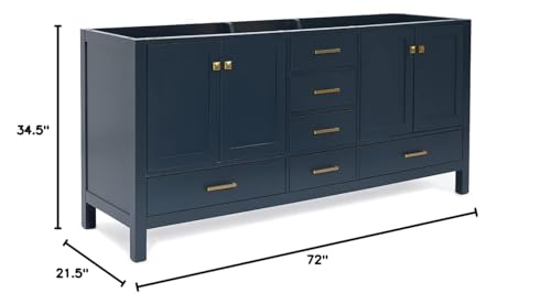 ARIEL 72" Midnight Blue Double Bathroom Vanity Base Cabinet, Double Sink Configuration, 2 Soft Closing Doors, 9 Full Extension Dovetail Drawers, Satin Brass