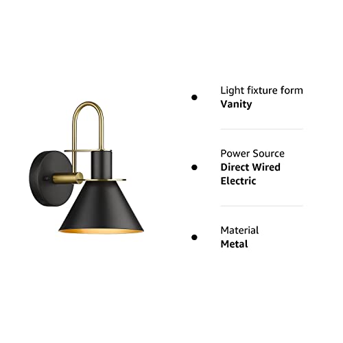 Modern Wall Sconces Set of Two, HWH Industrial Sconce Wall Lighting Indoor Wall Lamp, Gooseneck 1-Light Barn Vanity Light, Hammered Metal Shade, Black and Gold Finish, 5HZG74B-2 BK+BG