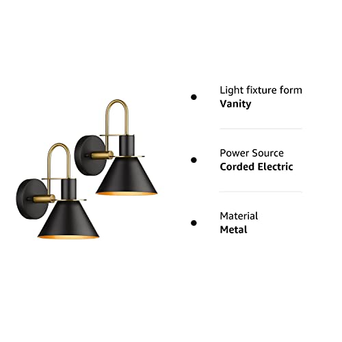 Modern Wall Sconces Set of Two, HWH Industrial Sconce Wall Lighting Indoor Wall Lamp, Gooseneck 1-Light Barn Vanity Light, Hammered Metal Shade, Black and Gold Finish, 5HZG74B-2 BK+BG
