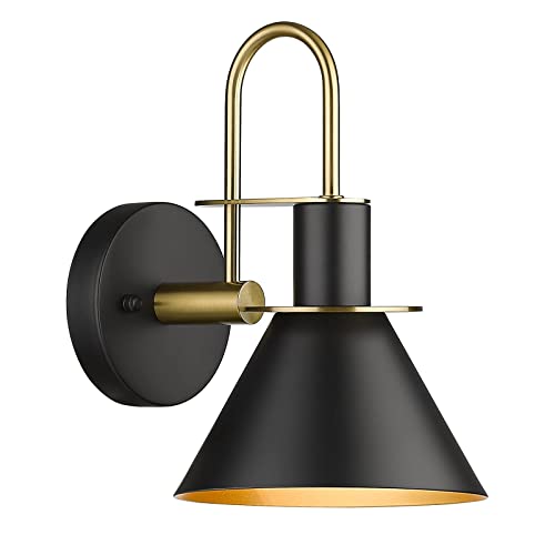 Modern Wall Sconces Set of Two, HWH Industrial Sconce Wall Lighting Indoor Wall Lamp, Gooseneck 1-Light Barn Vanity Light, Hammered Metal Shade, Black and Gold Finish, 5HZG74B-2 BK+BG