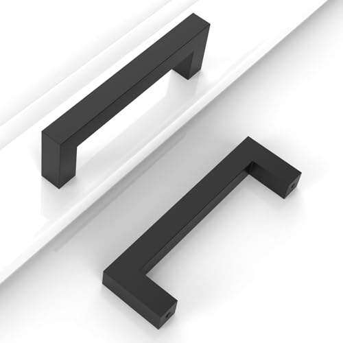 10 Pack 5''(128mm) Matte Black Cabinet Pulls Kitchen Stainless Steel Cabinet Handles Square Cabinet Hardware for Cupboard Drawer Pulls