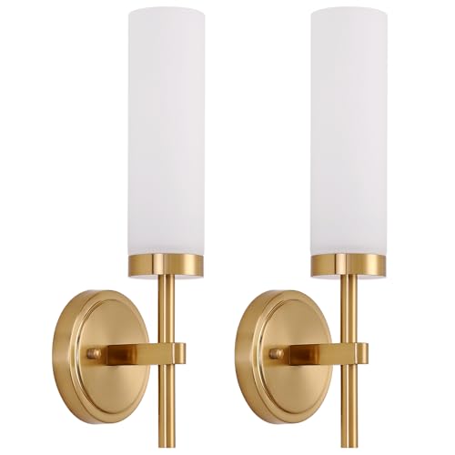 Gold Wall Sconces Set of 2, Modern Bathroom Sconces Wall Lighting Vanity Light Fixtures with Clear Glass, Brushed Brass Wall Mount Lights for Living Room Corridor Mirror Bedroom Stairs