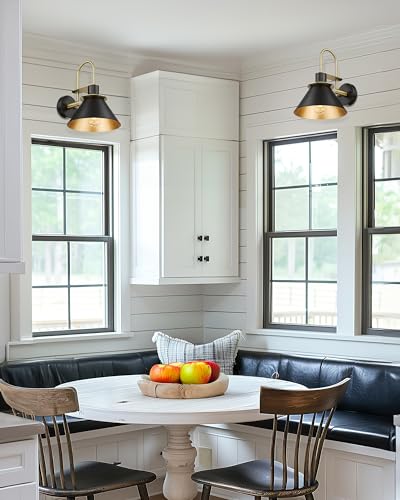 Modern Wall Sconces Set of Two, HWH Industrial Sconce Wall Lighting Indoor Wall Lamp, Gooseneck 1-Light Barn Vanity Light, Hammered Metal Shade, Black and Gold Finish, 5HZG74B-2 BK+BG