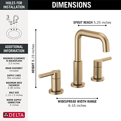 Delta Faucet Nicoli Widespread Bathroom Faucet 3 Hole, Gold Bathroom Faucet, 2 Handle Bathroom Faucet, Bathroom Sink Faucet Drain Assembly, Champagne Bronze 35849LF-CZ