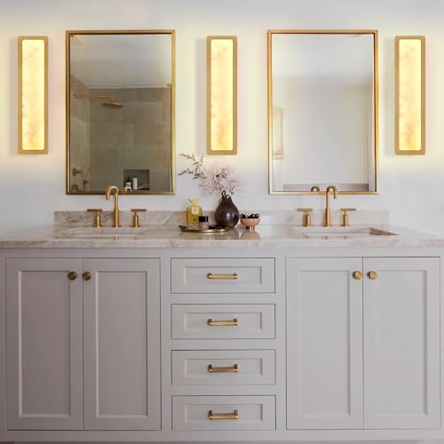 Modern Alabaster Wall Sconces Set of Two, 20" Gold Bathroom Sconces Wall Lighting Brass Sconce Vanity Light Indoor Natural Marble Wall Lights for Living Room, Dining Room, Bedroom, Stairs, Foyer