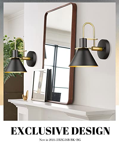 Modern Wall Sconces Set of Two, HWH Industrial Sconce Wall Lighting Indoor Wall Lamp, Gooseneck 1-Light Barn Vanity Light, Hammered Metal Shade, Black and Gold Finish, 5HZG74B-2 BK+BG