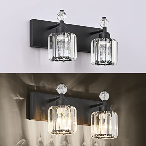 PRESDE Black Gold Crystal Bathroom Vanity Lights Fixtures Over Mirror Modern 3 Light Bath Wall Lighting