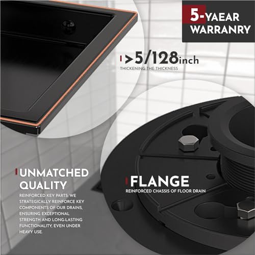 6 Inch Square Shower Floor Drain with Flange,Quadrato Pattern Grate Removable,Food-grade SUS 304 Stainless Steel,WATERMARK&CUPC Certified, Brushed Gold