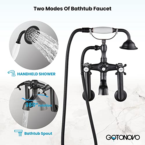 gotonovo Bathtub Clawfoot Faucet Brushed Nickel Finish Wall Mount Tub Filler with Hand Held Shower Faucet 2 Cross Handles with Tub Spout Victorian Vintage Telephone Style