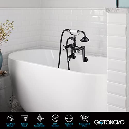 gotonovo Bathtub Clawfoot Faucet Brushed Nickel Finish Wall Mount Tub Filler with Hand Held Shower Faucet 2 Cross Handles with Tub Spout Victorian Vintage Telephone Style