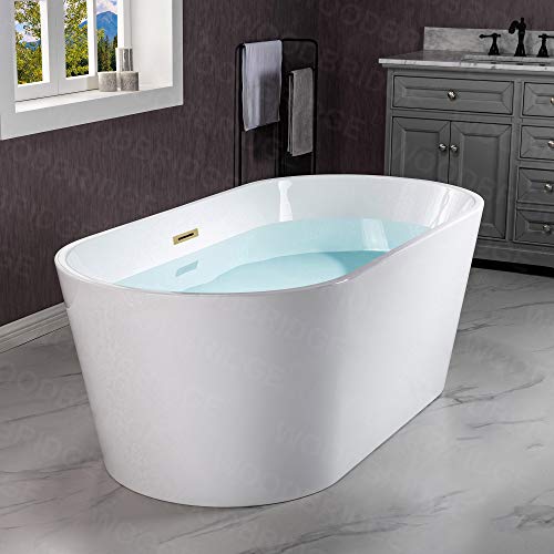 WOODBRIDGE 59" Acrylic Freestanding Bathtub Contemporary Soaking White Tub with Brushed Nickel Overflow and Drain,B0014 -B/N-Drain &O