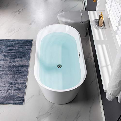 WOODBRIDGE 59" Acrylic Freestanding Bathtub Contemporary Soaking White Tub with Brushed Nickel Overflow and Drain,B0014 -B/N-Drain &O