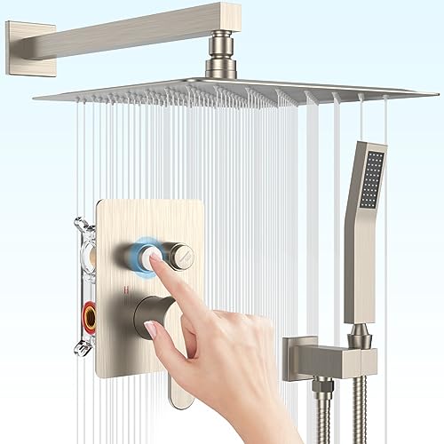 Matte Black Shower System, Shower Faucet Set with 3 Way Pressure Balance Valve and Trim Kit All Metal 10 Inch Rainfall Shower Head System Wall Mounted Can Use All Faucets At Same Time