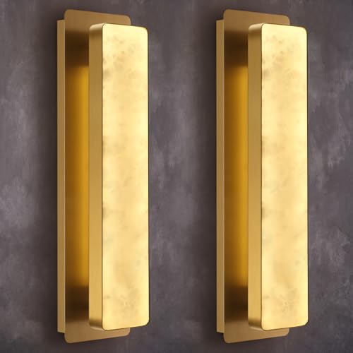 Modern Alabaster Wall Sconces Set of Two, 20" Gold Bathroom Sconces Wall Lighting Brass Sconce Vanity Light Indoor Natural Marble Wall Lights for Living Room, Dining Room, Bedroom, Stairs, Foyer
