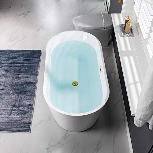 WOODBRIDGE 59" Acrylic Freestanding Bathtub Contemporary Soaking White Tub with Brushed Nickel Overflow and Drain,B0014 -B/N-Drain &O