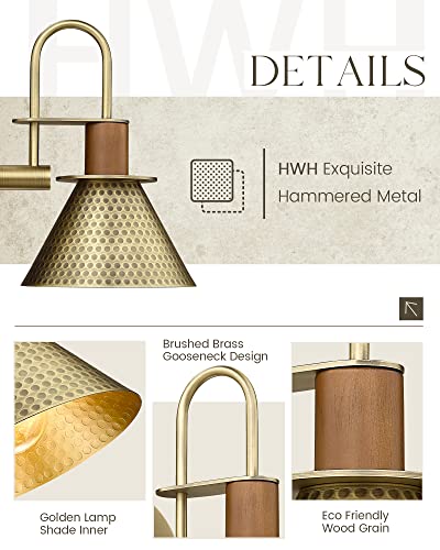 Modern Wall Sconces Set of Two, HWH Industrial Sconce Wall Lighting Indoor Wall Lamp, Gooseneck 1-Light Barn Vanity Light, Hammered Metal Shade, Black and Gold Finish, 5HZG74B-2 BK+BG