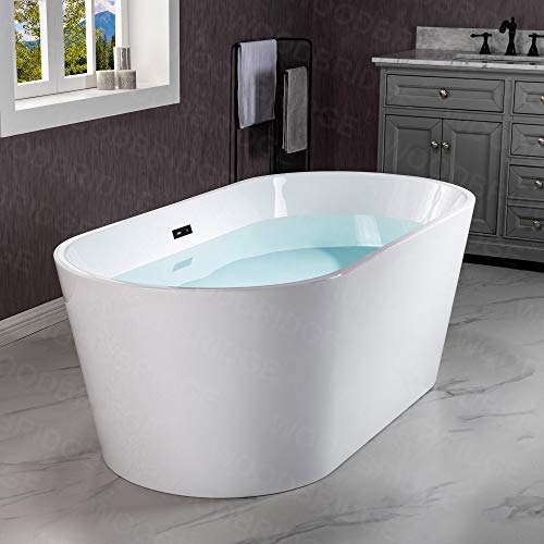 WOODBRIDGE 59" Acrylic Freestanding Bathtub Contemporary Soaking White Tub with Brushed Nickel Overflow and Drain,B0014 -B/N-Drain &O