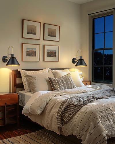 Modern Wall Sconces Set of Two, HWH Industrial Sconce Wall Lighting Indoor Wall Lamp, Gooseneck 1-Light Barn Vanity Light, Hammered Metal Shade, Black and Gold Finish, 5HZG74B-2 BK+BG