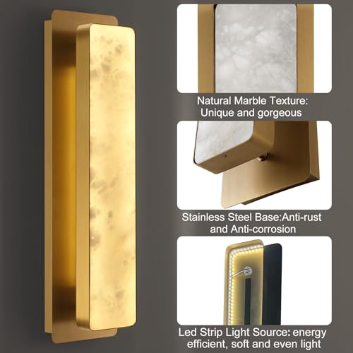Modern Alabaster Wall Sconces Set of Two, 20" Gold Bathroom Sconces Wall Lighting Brass Sconce Vanity Light Indoor Natural Marble Wall Lights for Living Room, Dining Room, Bedroom, Stairs, Foyer