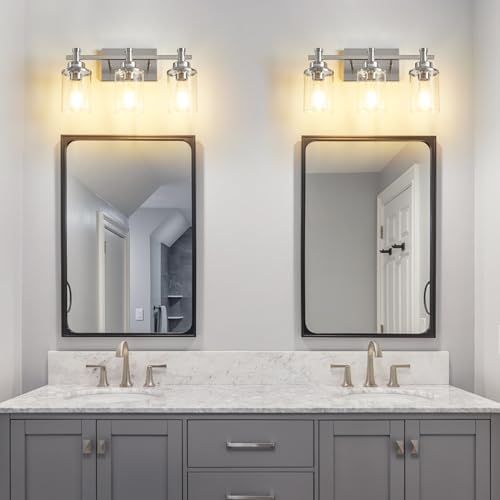 3 Light Bathroom Light Fixtures, Black and Brushed Gold Vanity Light Fixture Over Mirror, Modern Wall Sconces Lighting Wall Lamp for Bathroom, Bedroom, Hallway with Clear Glass Shade