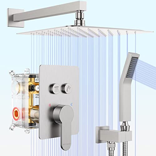 Matte Black Shower System, Shower Faucet Set with 3 Way Pressure Balance Valve and Trim Kit All Metal 10 Inch Rainfall Shower Head System Wall Mounted Can Use All Faucets At Same Time