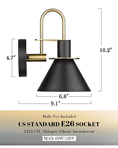 Modern Wall Sconces Set of Two, HWH Industrial Sconce Wall Lighting Indoor Wall Lamp, Gooseneck 1-Light Barn Vanity Light, Hammered Metal Shade, Black and Gold Finish, 5HZG74B-2 BK+BG