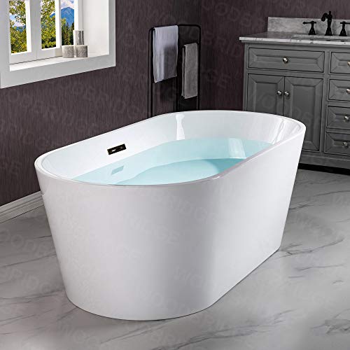 WOODBRIDGE 59" Acrylic Freestanding Bathtub Contemporary Soaking White Tub with Brushed Nickel Overflow and Drain,B0014 -B/N-Drain &O