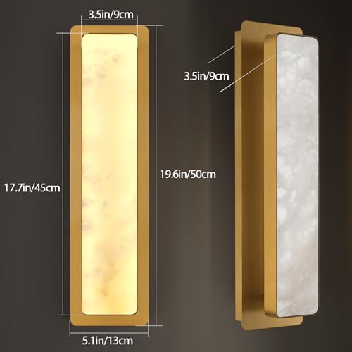 Modern Alabaster Wall Sconces Set of Two, 20" Gold Bathroom Sconces Wall Lighting Brass Sconce Vanity Light Indoor Natural Marble Wall Lights for Living Room, Dining Room, Bedroom, Stairs, Foyer