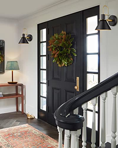 Modern Wall Sconces Set of Two, HWH Industrial Sconce Wall Lighting Indoor Wall Lamp, Gooseneck 1-Light Barn Vanity Light, Hammered Metal Shade, Black and Gold Finish, 5HZG74B-2 BK+BG