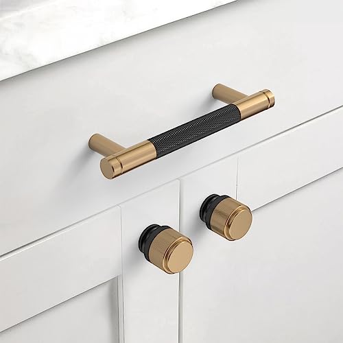 10 Pack 1"(25mm) Champagne Bronze and Matte Black Knurled Cabinet Knobs for Dresser Kitchen Knobs for Cabinets Single Hole Cabinet Pulls Hardware